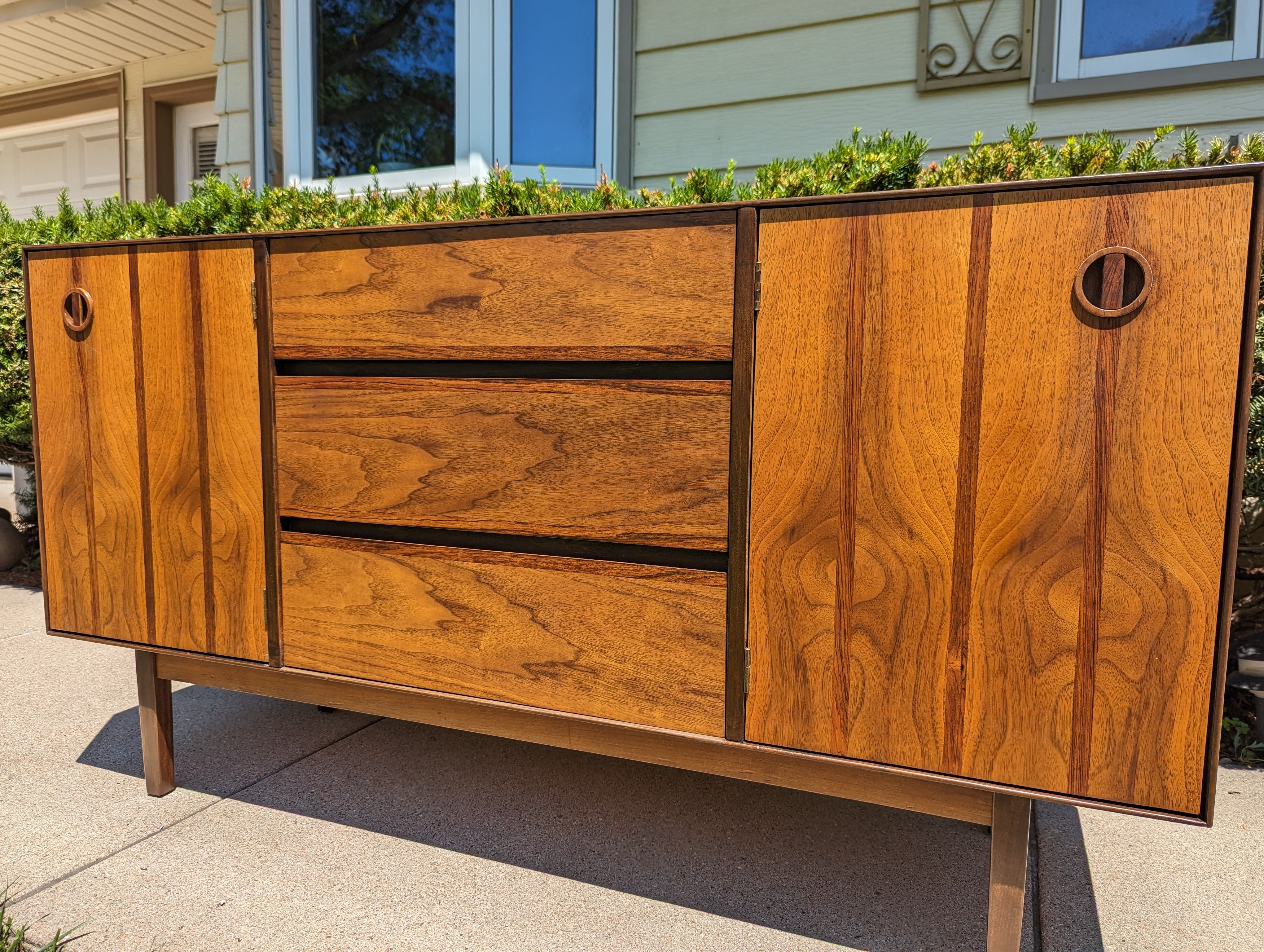 Vintage Mid Century Walnut Credenza, Contrasting Veneer, Stanley