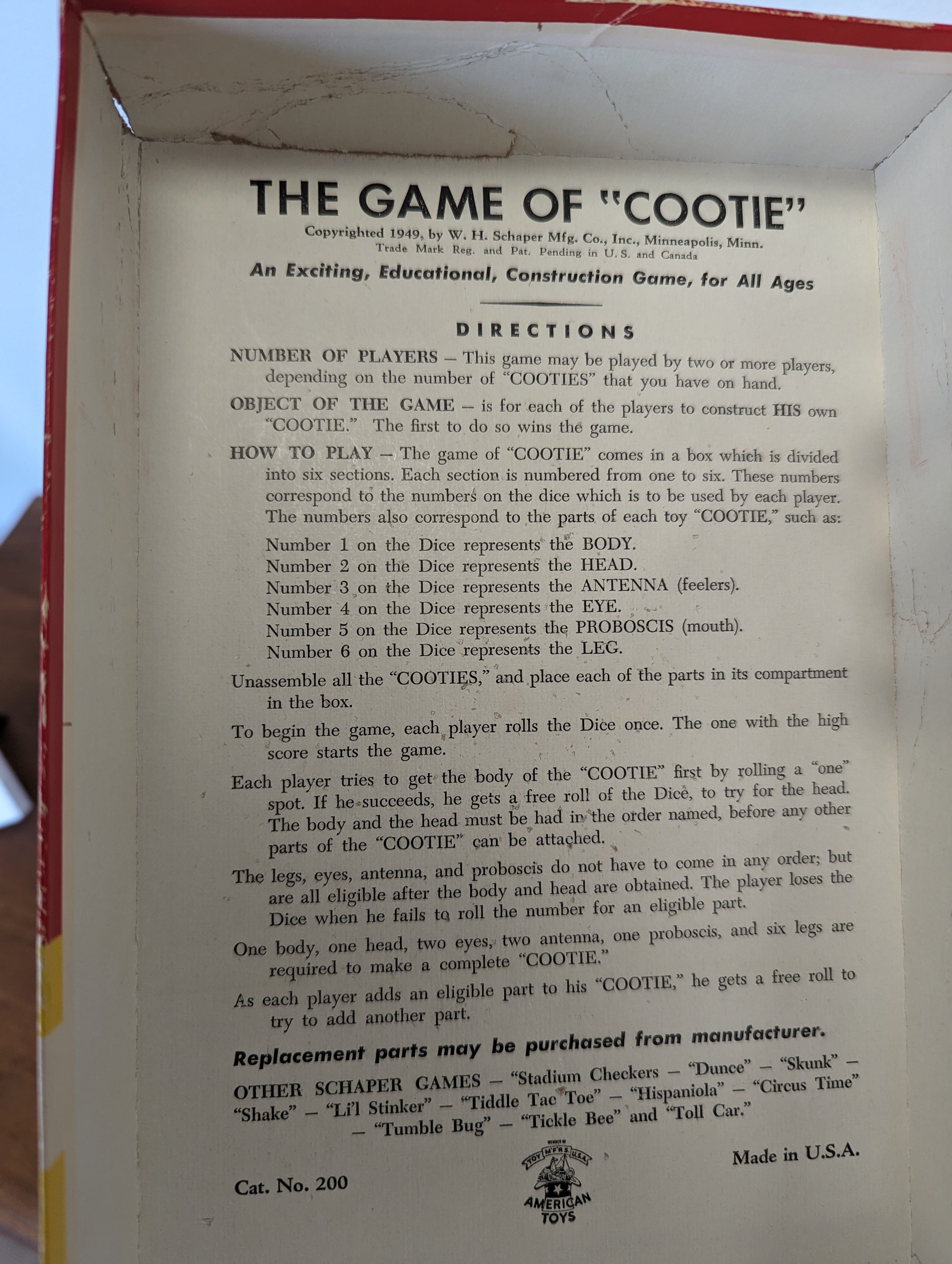 Coit Game Vintage Game | The Game of Cootie from 1949 – A Little More Like Home