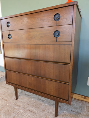 stanley mid century modern dresser Refinished Mid-Century Modern Stanley Walnut Dresser Highboy Chest of Drawers With Original Brass Hardware